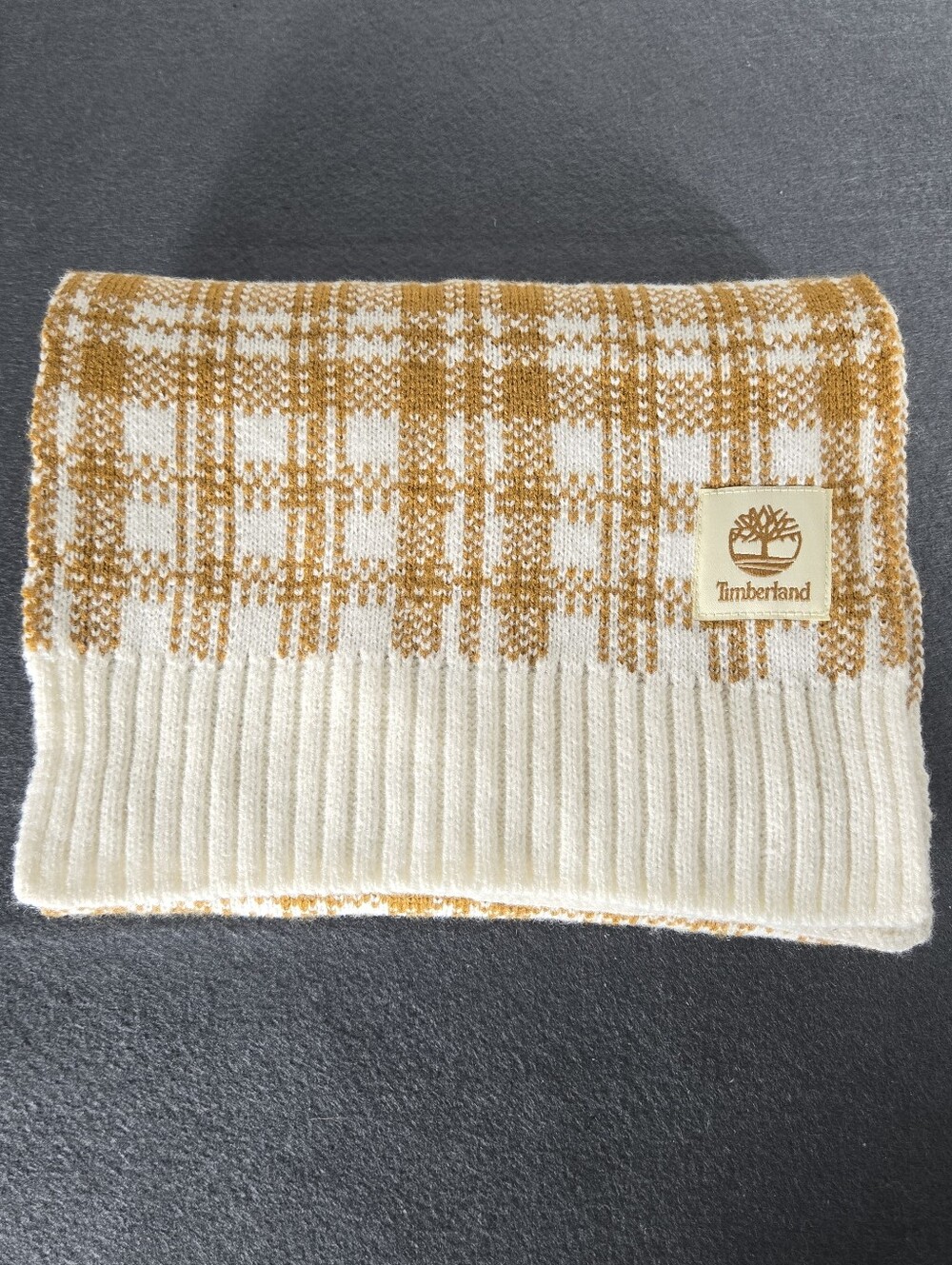 Timberland Cream and Mustard Plaid Knit Scarf